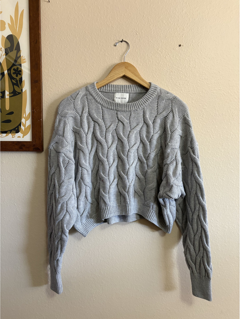 Gray Cropped Chunky Cable Knit Sweater Medium